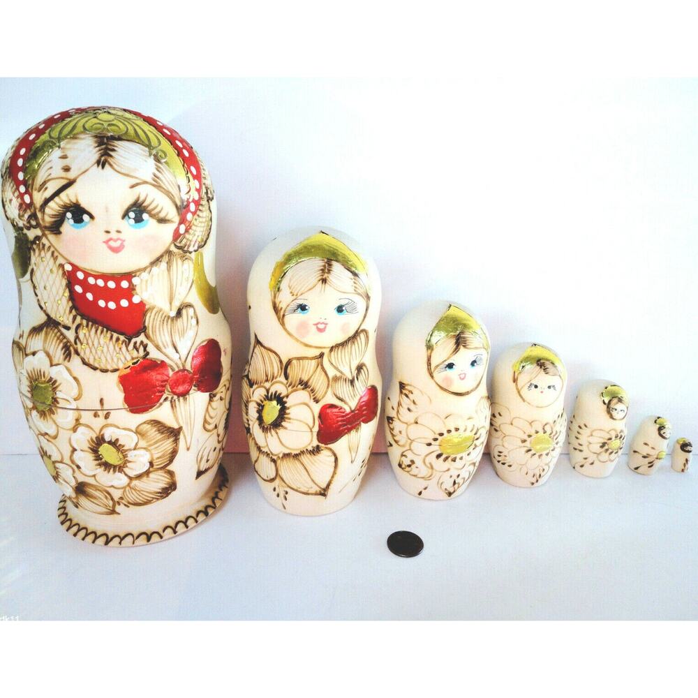 Wooden Nesting Dolls 7 Matryoshka Doll Figurines 9" Wood Stacking Hand Crafted